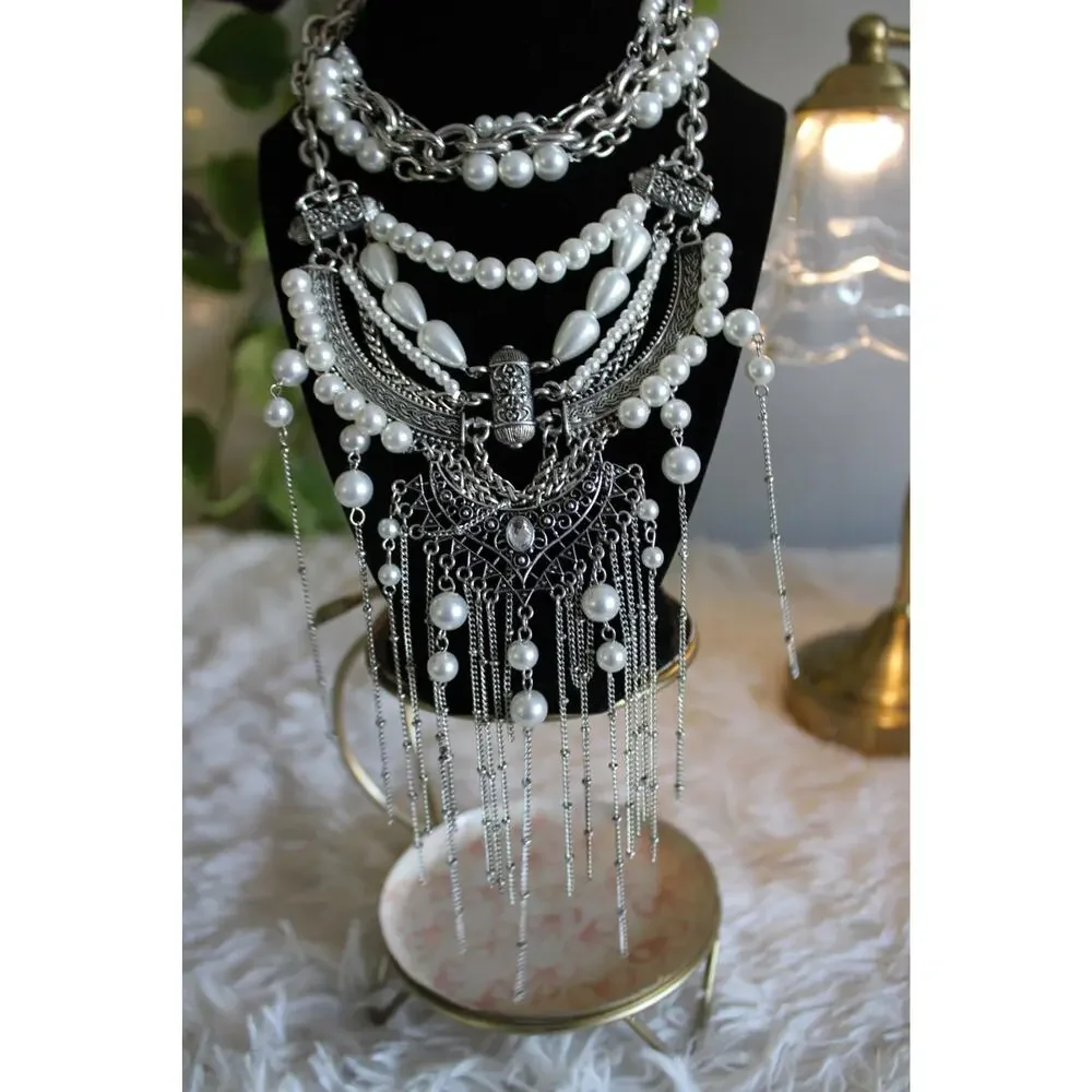 Free People Silver Pearl Statement Bib Necklace Boho Layered Fringe msrp 99